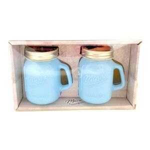 Mason Blue Glass Jar Salt Pepper Shakers Set Silver Lids Rustic Vintage Kitchen